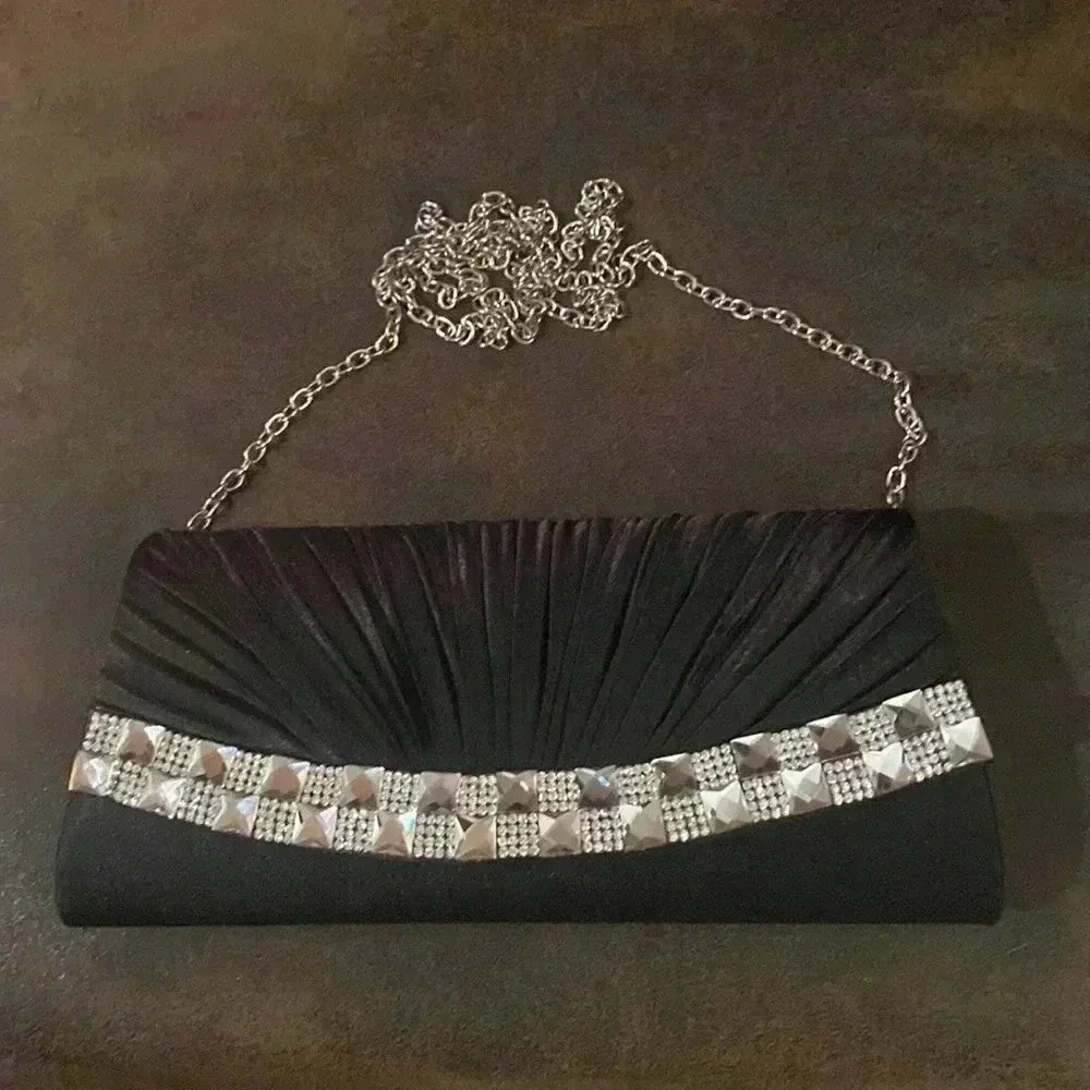 Unbranded Black Crossbody Clutch Crystal Gems Ruching Silver Euc